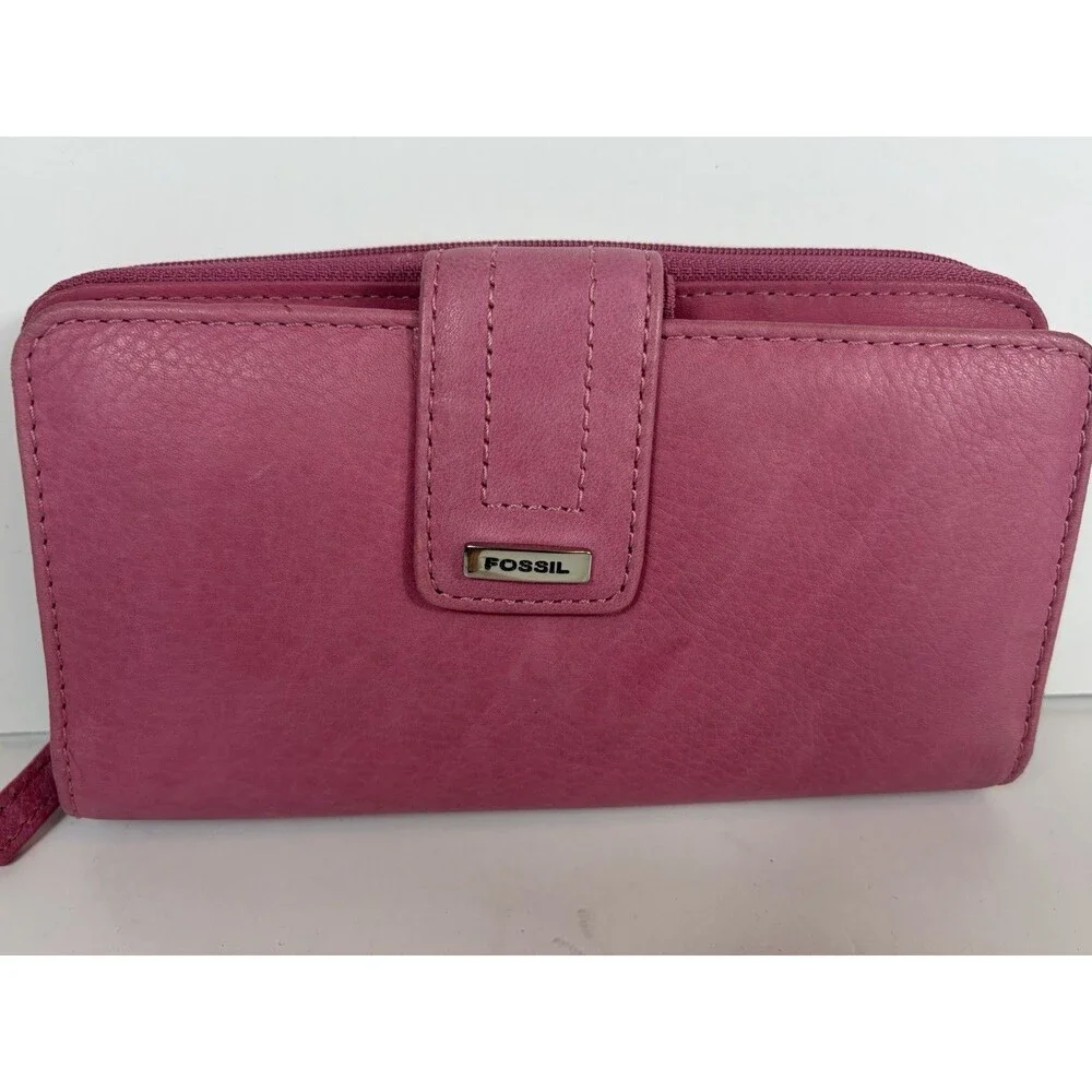 Fossil Ladies Wallet Genuine Leather Bifold Glove Zip Around Pink 7.5” X 4”